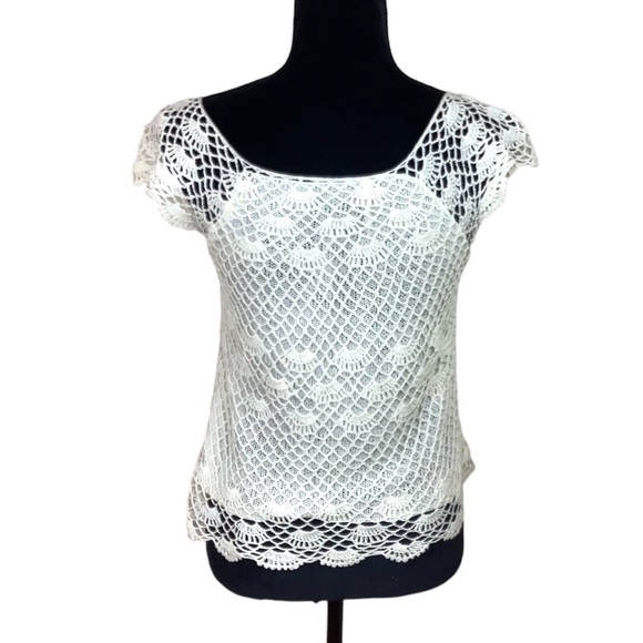 CROCHET HANDKNIT TRENDY IVORY SILK COTTON TOP - Picture 5 of 5
